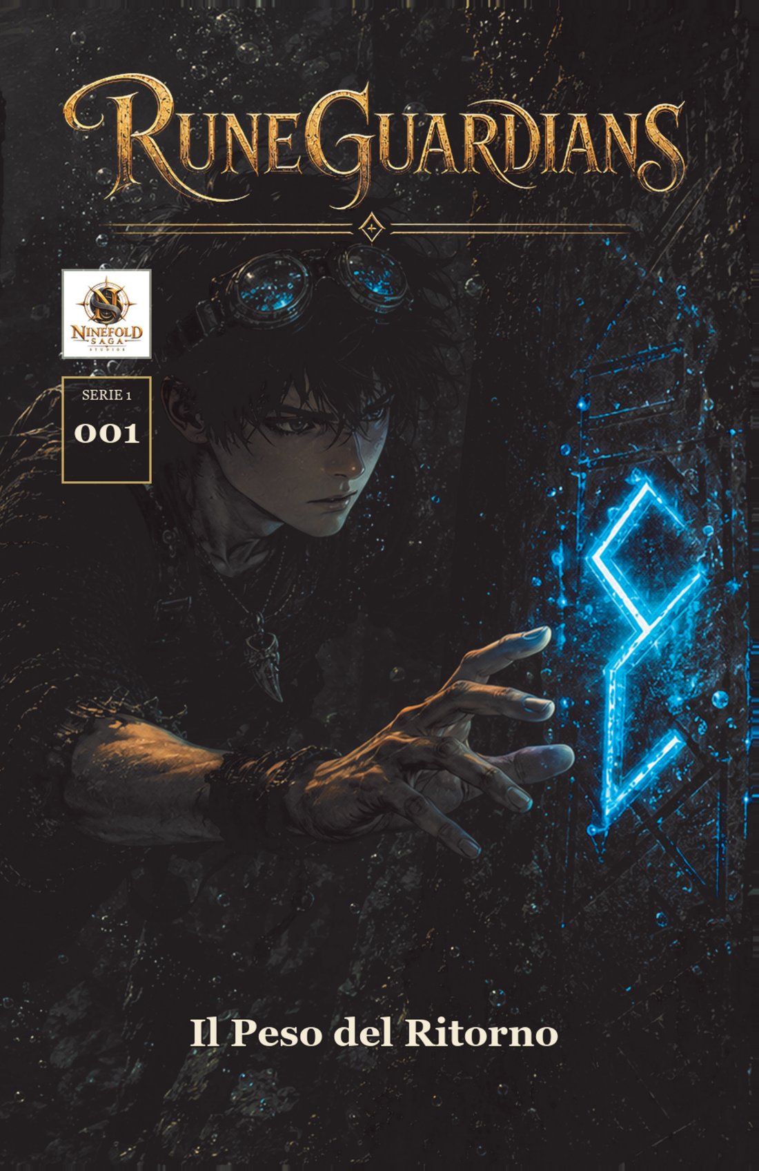 Copertina del Numero 1 «Il Peso del Ritorno»: Emeric Fenn tende la mano verso una runa che brilla di luce azzurra tra i relitti sommersi.
