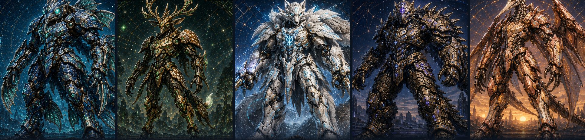 I Cinque Eredi fianco a fianco nelle armature di Fusione dei loro Totem: Emeric Fenn col Celacanto Runico, Kael Rhynn col Cervo Runico, Taron Voss con la Volpe Artica Runica, Seraphine Vale col Tuatara Runico ed Elric Arden col Quetzalcoatlus Runico.