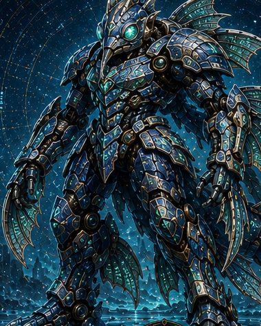 Emeric Fenn, l'Erede della Rinascita, nell'armatura di Fusione del Celacanto Runico: scaglie blu notte, pinne traslucide e rune che brillano d'azzurro nell'abisso.