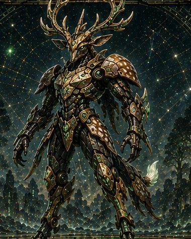 Kael Rhynn, l'Erede della Memoria Perduta, nell'armatura di Fusione del Cervo Runico: corazza bronzea con palchi di cervo, in una foresta sotto un cielo di costellazioni verdi.