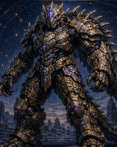 Seraphine Vale, l'Erede della Conoscenza, nell'armatura di Fusione del Tuatara Runico: scaglie bronzee e rune viola, la coda crestata, sotto un cielo stellato.