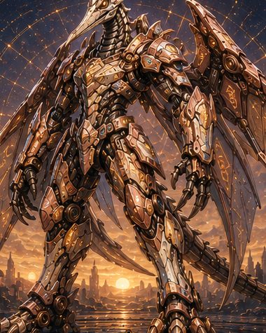 Elric Arden, l'Erede dell'Alba, nell'armatura di Fusione del Quetzalcoatlus Runico: corazza ramata e ali membranose spiegate contro un tramonto dorato sulla città.