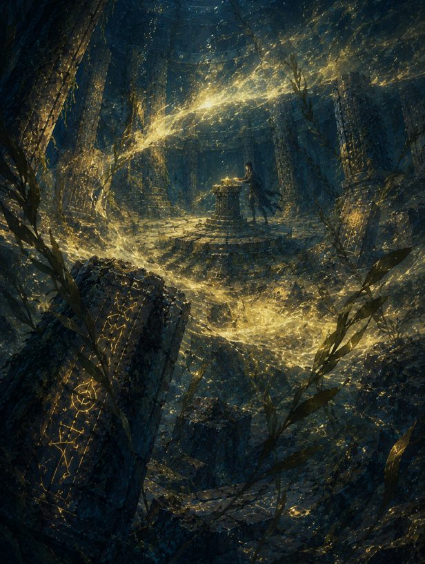 Seconda vignetta della tavola 20: un'onda di luce silenziosa attraversa la camera sommersa, sollevando piano alghe e sedimenti.